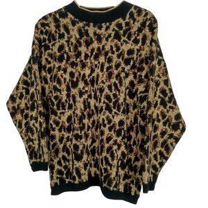 Vintage 1980s Rose Sweater M/L Black Metallic Bronze Leopard Cat Animal Funky